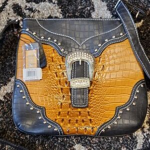 Croc-Texture Two-Tone Crossbody Bag with Rhinestone Buckle - Black & Tan